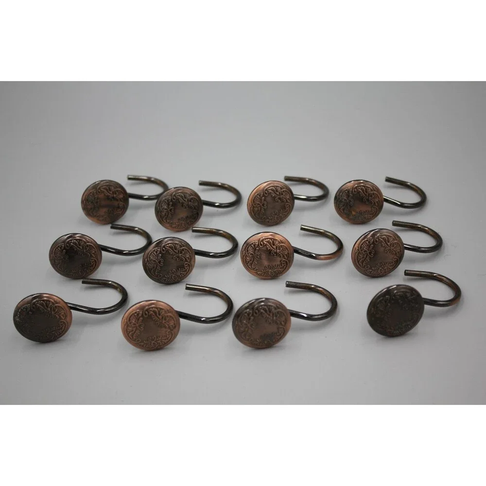QTY: 12 Metal Shower Curtain Hooks Round Button Dark Copper Embellished Set NICE